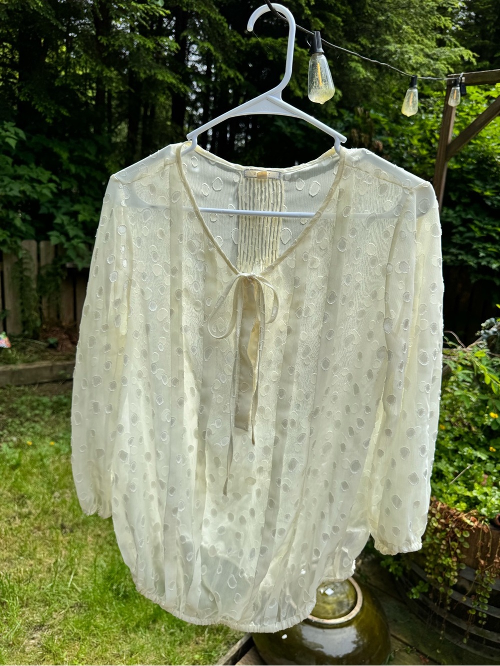 Pleione Cream Dot-Embroidered Tie-Neck Blouse